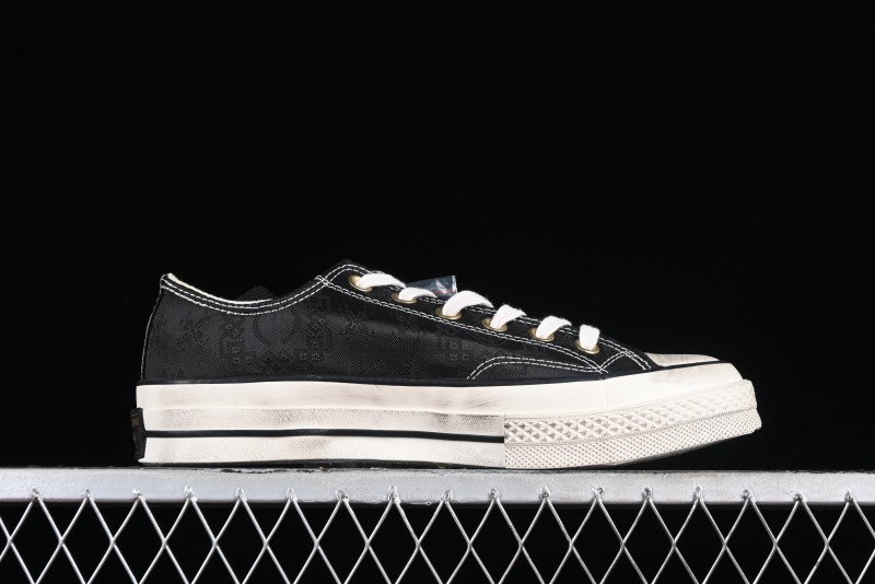 Clot x Fragment Design x Converse Custom Triple Collaboration Low-Top Sneakers with Distressed Black Silk and Brier Pattern - A10925C