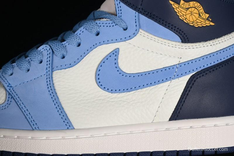 Nike Air Jordan 1 High OG "First in Flight" Basketball Shoes with UNC Blue and Yellow Accents - FD2596-400