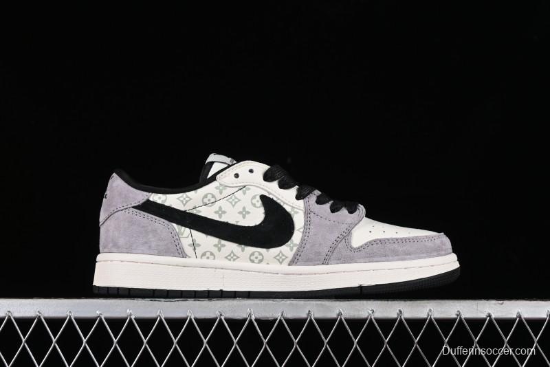 Nike Travis Scott x Fragment Design x Jordan Air Jordan 1 Low OG SP AJ1 LV Grey Black Pig Print Low-top Casual Sneakers - SJ2068-101