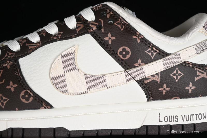 Nike SB Dunk Low LV Collaboration - Checkerboard Brown White Swoosh Anniversary High-End Custom Low-Top Casual Sneakers - SJ2068-253