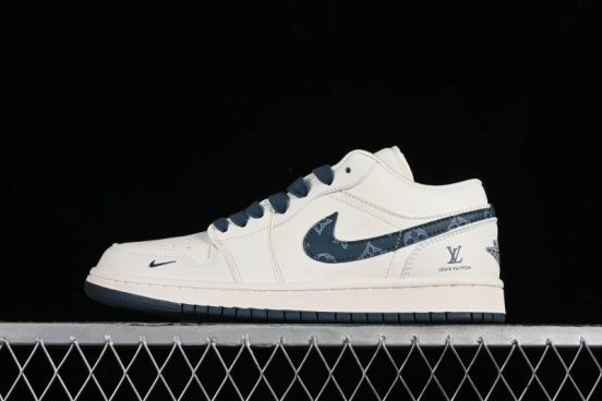 Nike Air Jordan 1 Low LV Collaboration - White with Blue Swoosh Custom Casual Sneakers - WG8850-005