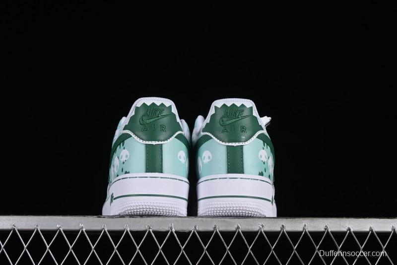 Nike Air Force 1 '07 Low Witch Collaboration Custom Leather Sneakers with Skull and Gradient White-Green Design - CW2288-111
