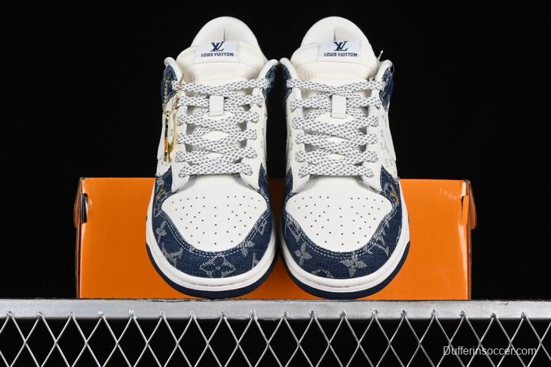 Nike SB Dunk Low LV Collaboration - Blue Denim Print Anniversary High-End Custom Low-Top Casual Sneakers - FC1688-162
