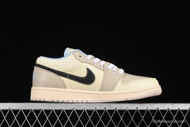 Nike Air Jordan 1 Low Retro Basketball Shoes in Soft Beige with Black Logo Accent - HQ3440-101