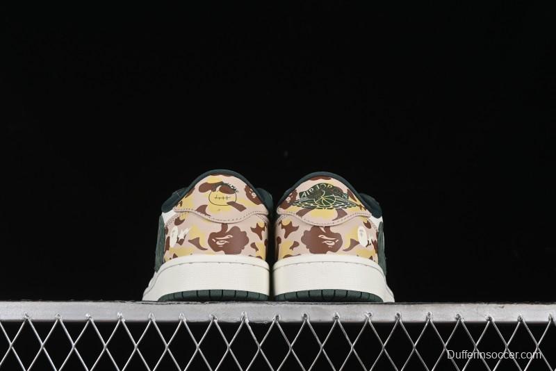 Nike Travis Scott x Fragment Design x Air Jordan 1 Low OG SP AJ1 Bape Collaboration - Camo Green Low Top Casual Sneakers - JH6088-614
