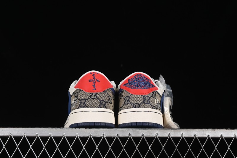 Nike Travis Scott x Fragment Design x Air Jordan 1 Low OG SP AJ1 Gucci Collaboration - Silver Logo Blue Swoosh Low Top Casual Sneakers - XY2688-118