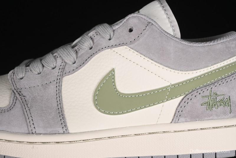 Nike Air Jordan 1 Low Stussy Collaboration - Light Green Elegant Grey Retro Basketball Shoes - WG8850-016