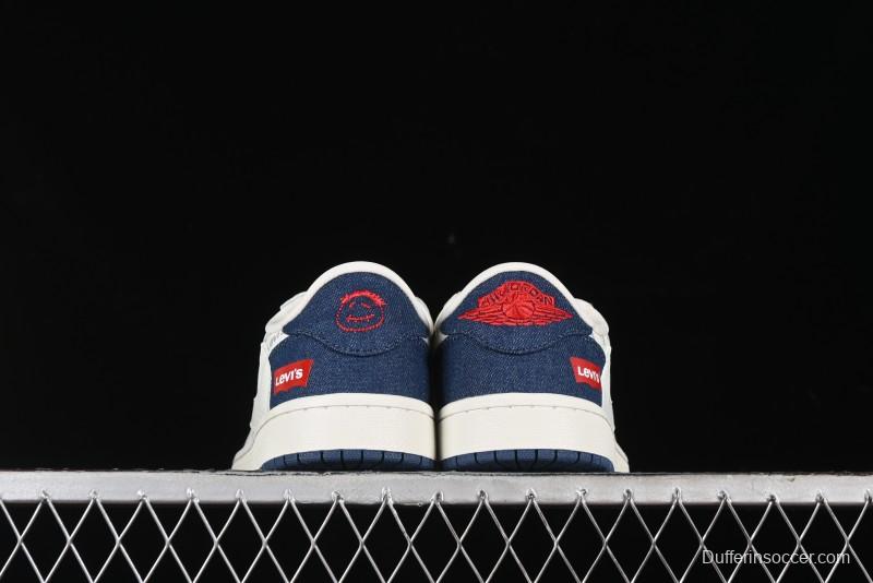 Nike Travis Scott x Fragment Design x Air Jordan 1 Low OG SP AJ1 Levi's Collaboration - White Blue Canvas Low Top Casual Sneakers - JH6088-605