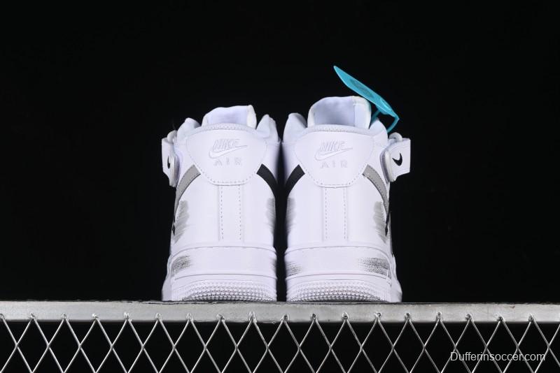 Nike Air Force 1 '07 Mid Casual Sneakers in White/Grey/Black with Hand-Painted Cracked Swoosh Shadow Detail - CW2289-111