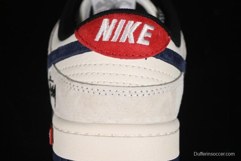 Nike SB Dunk Low Supreme x Stussy Triple Collaboration - Off White Navy Swoosh Anniversary Custom Low-Top Casual Sneakers - SJ2068-301