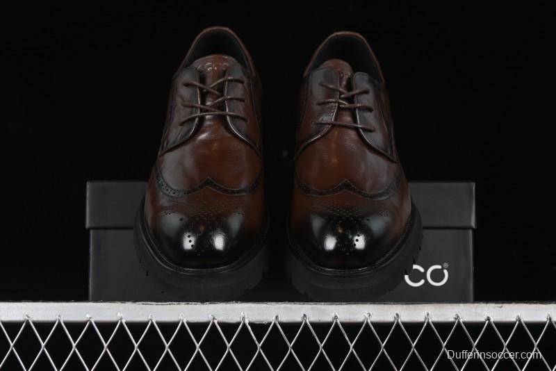 ECCO Block Derby Round Toe Genuine Leather Brogue Dress Shoes - 63667201002