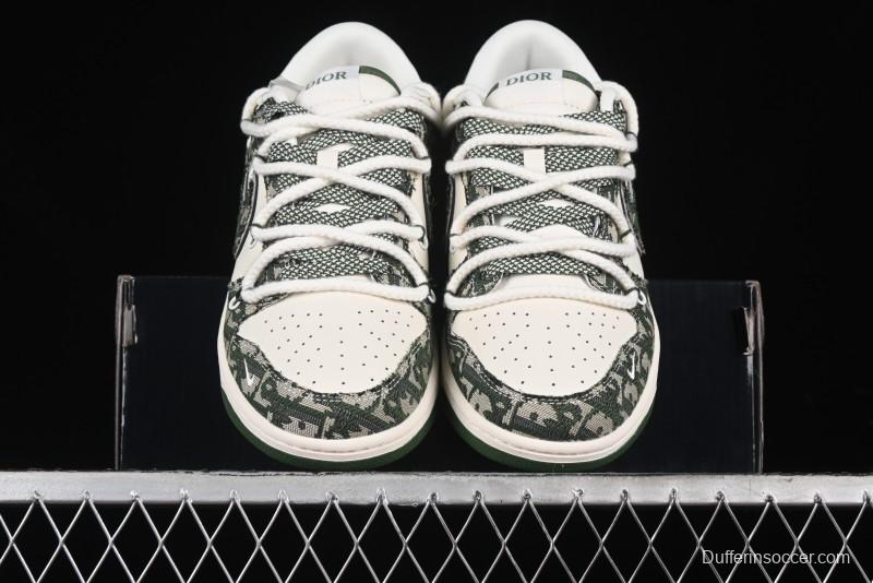 Nike SB Dunk Low Dior Collaboration - Strap Woven Green Check Anniversary High-End Custom Low-Top Casual Skate Shoes - SJ2068-309