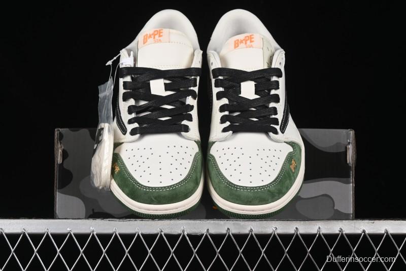 Nike Travis Scott x Fragment Design x Air Jordan 1 Low OG SP AJ1 Bape Collaboration - Jungle Green Low Top Casual Sneakers - XY2688-107