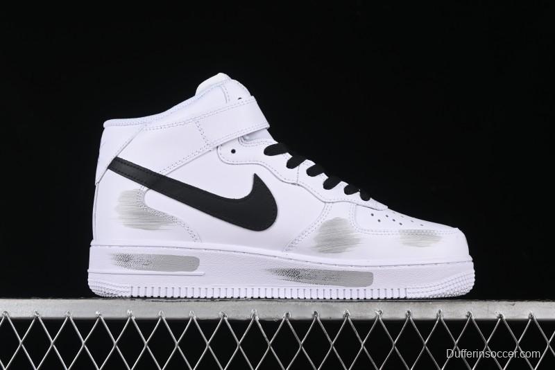 Nike Air Force 1 '07 Mid Casual Sneakers in White/Grey/Black with Hand-Painted Cracked Swoosh Shadow Detail - CW2289-111