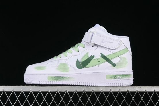 Nike Air Force 1 '07 Mid Hand-Painted White Green with Swoosh Shadow and Strap - CW2289-111