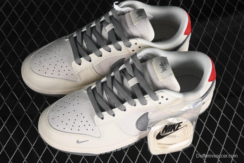 Nike SB Dunk Low Stussy Collaboration - Grey Pigskin Red Tail Anniversary High-End Custom Low-Top Casual Skate Shoes - XY2025-015