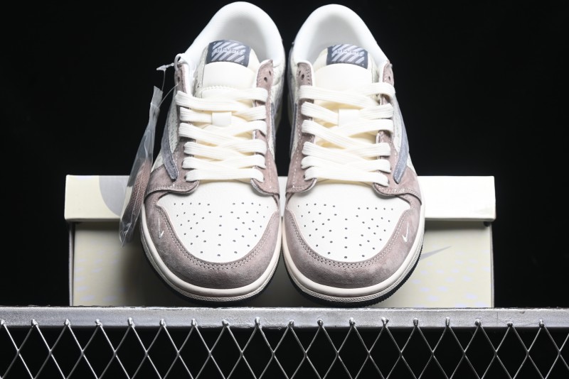 Nike Travis Scott x Fragment Design x Air Jordan 1 Low OG SP AJ1 OF Collaboration - Latte Grey Low Top Casual Sneakers - SJ2068-109