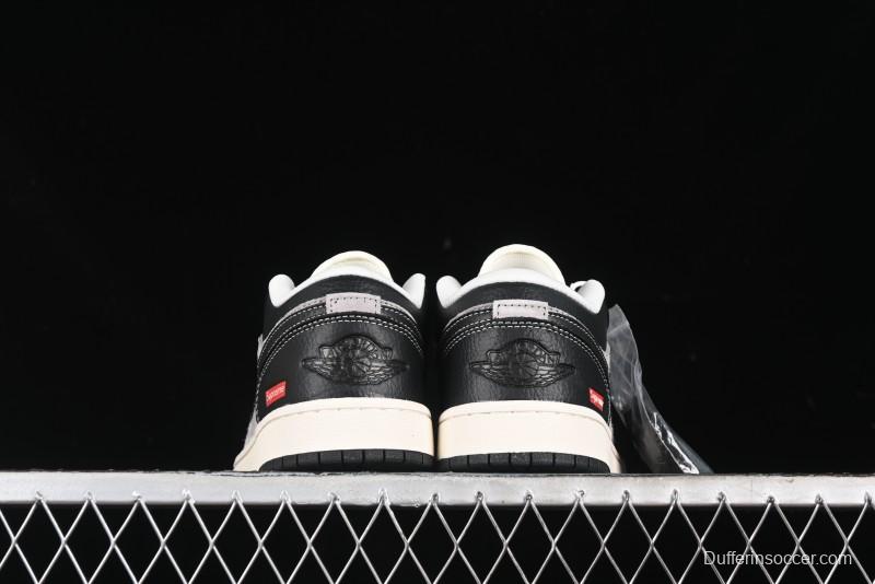 Nike Air Jordan 1 Low Supreme Collaboration - Black Grey Pigskin Two-Tone High-End Custom Retro Basketball Shoes - SJ9950-032