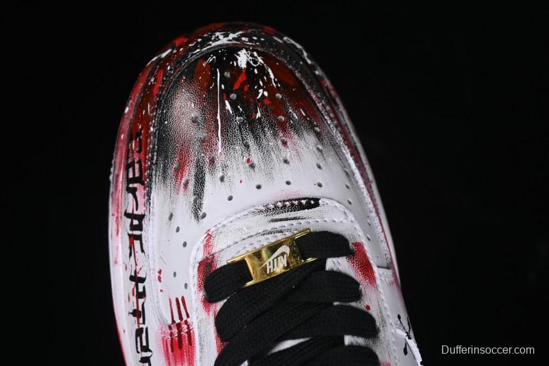 Nike Air Force 1 '07 Low Casual Sneakers with 2D Black and White Hand-Painted Blood Night Stitching Design - CW8822-011