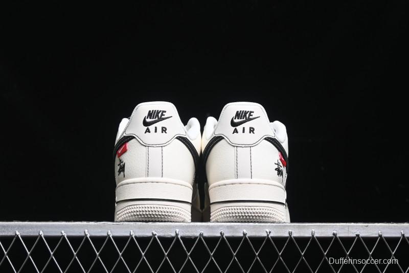 Nike Air Force 1 '07 Low Stussy Collaboration - White Black Swoosh Red Tab Low-Top Casual Sneakers - SJ6698-015