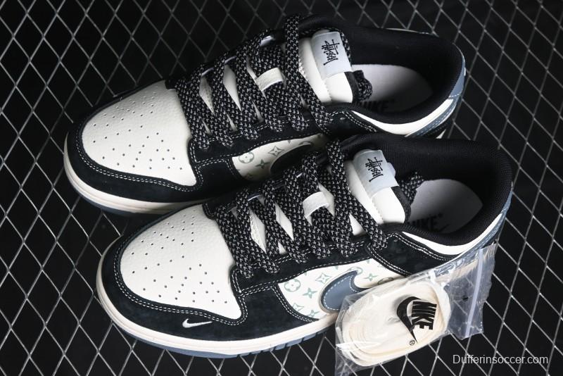 Nike SB Dunk Low Stussy Collaboration - Black White Print Anniversary Custom Low-Top Casual Sneakers - XX3168-212