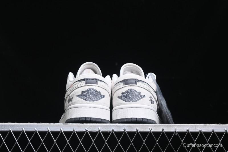 Nike Air Jordan 1 Low Stussy Collaboration - Grey Pigskin Black Base Retro Basketball Shoes - XX3318-968