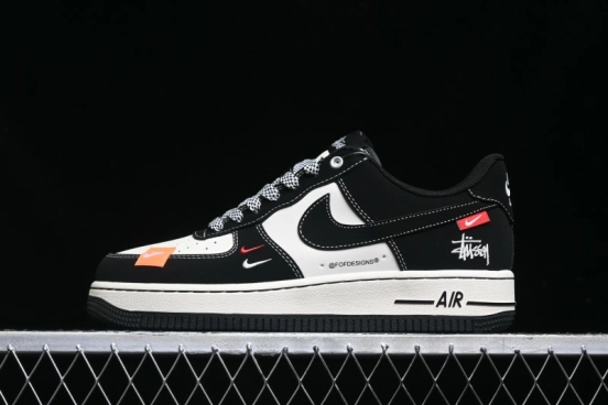 Nike Air Force 1 '07 Low Stussy Collaboration - Black White Double Swoosh Red Tag Low-Top Casual Sneakers - SJ6698-012