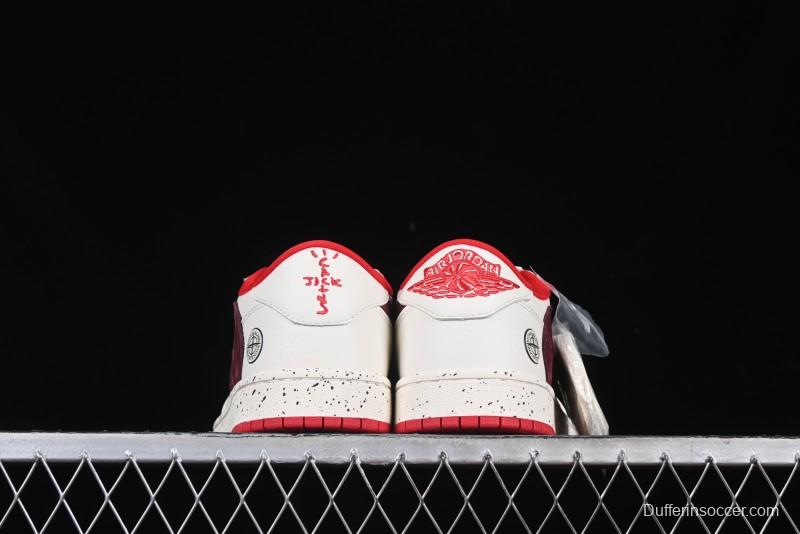 Nike Travis Scott x Fragment Design x Air Jordan 1 Low OG SP AJ1 Stone Island Collaboration Pomegranate Red Low-Top Casual Sneakers - CF3688-077