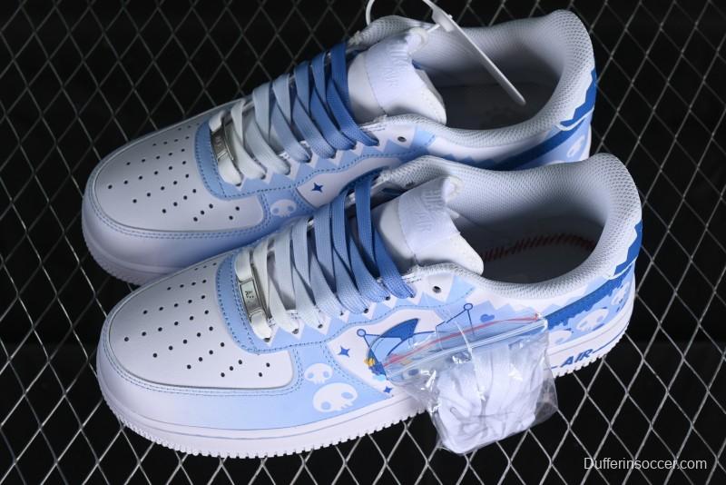 Nike Air Force 1 '07 Low Witch Collaboration Custom Leather Sneakers with Skull Design and Gradient White-Blue - CW2288-111