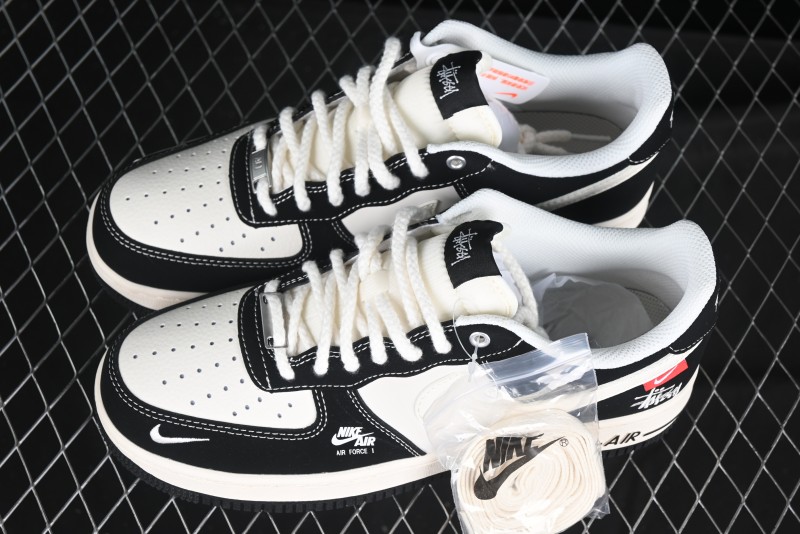 Nike Air Force 1 '07 Low Stussy Collaboration - Beige Black with Red Tab Low-Top Casual Sneakers - SJ6698-014