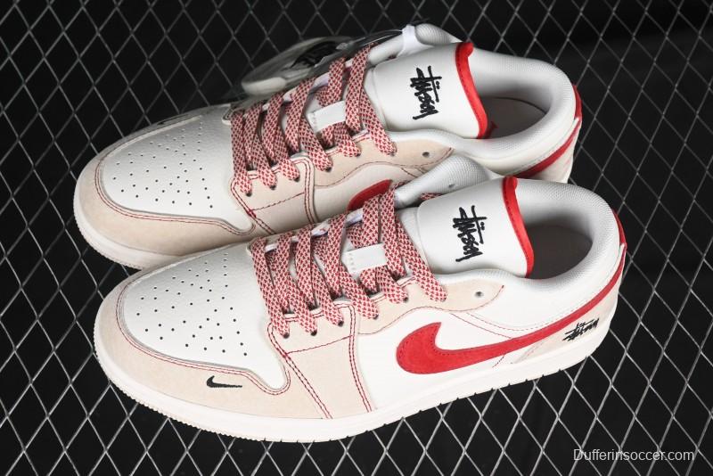 Nike Air Jordan 1 Low Stussy Collaboration Khaki Red Hook Retro Basketball Shoes - SJ9950-040