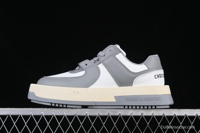 Choco Concert Leather Round Square Asymmetric Fashion Sneakers White Gray - AJE5