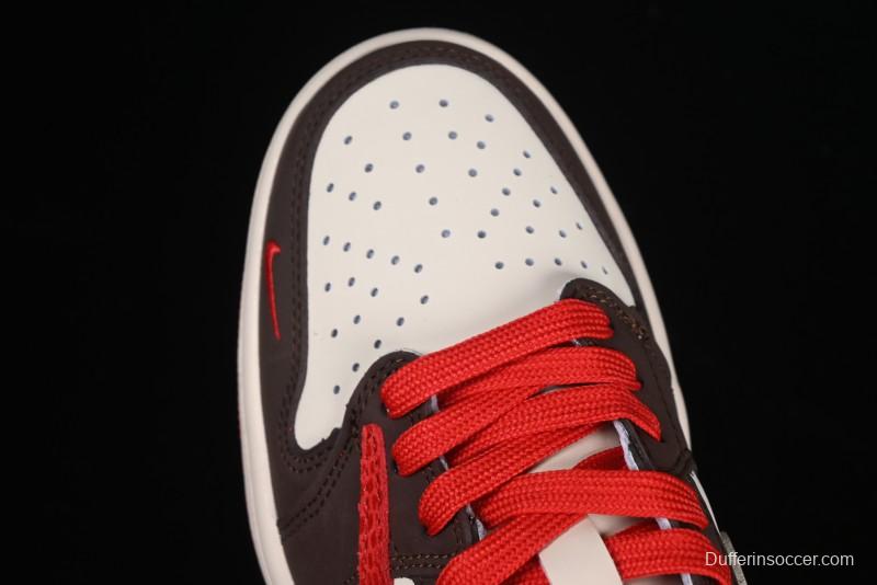 Nike Travis Scott x Fragment Design x Air Jordan 1 Low OG SP AJ1 Snake Year Limited Edition Snake Scale Red Hook Low Top Lifestyle Casual Sneakers - CH6336-020