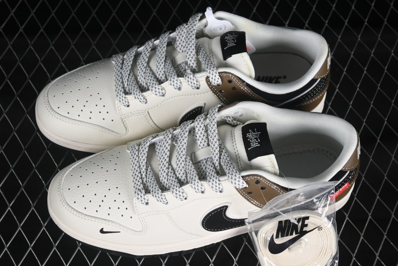 Nike SB Dunk Low Supreme Stussy Collaboration Beige Double Mini Swoosh Anniversary High-End Custom Low-Top Casual Skate Shoes - XS6089-502