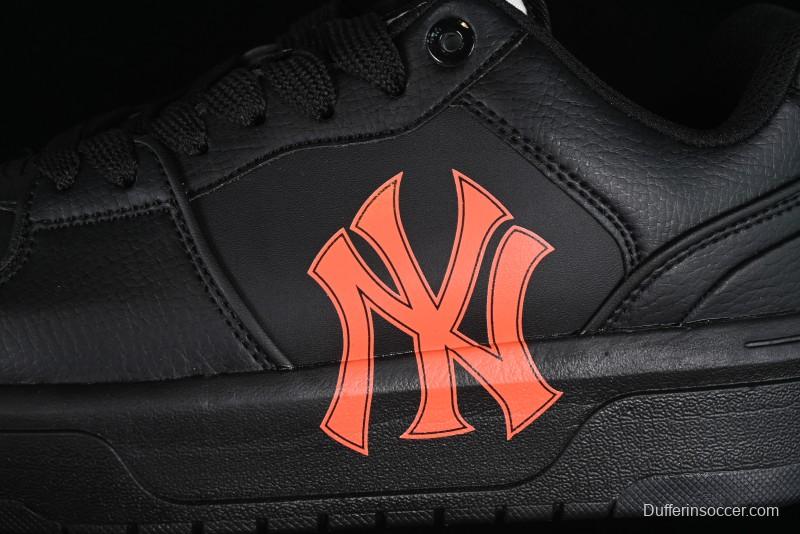 NY Yankees Black Leather Sneakers – Bold Orange Logo Edition