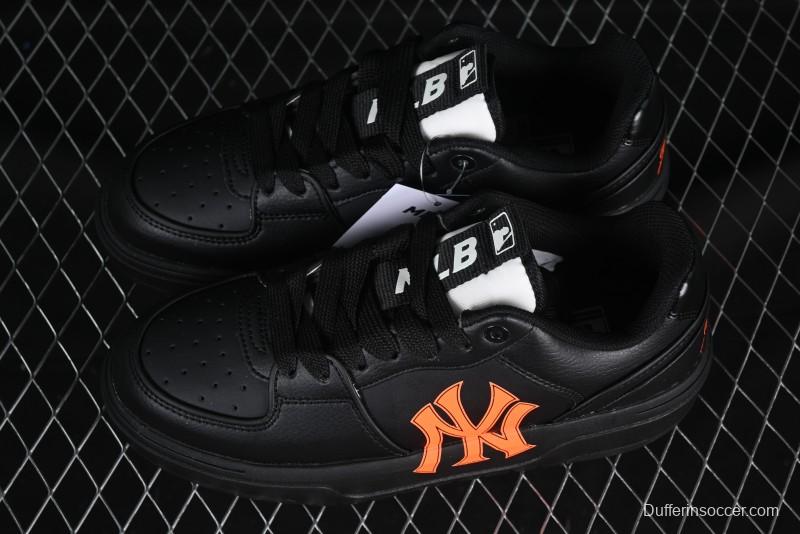 NY Yankees Black Leather Sneakers with Bold Orange Logo