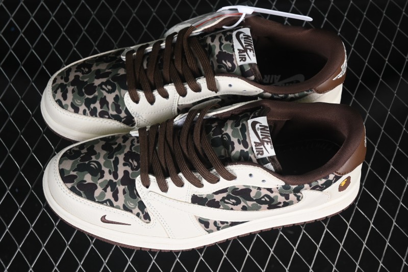 Nike Travis Scott x Fragment Design x Air Jordan 1 Low OG SP AJ1 Bape Collaboration Beige Camo Low-Top Casual Sneakers - XS2024-019