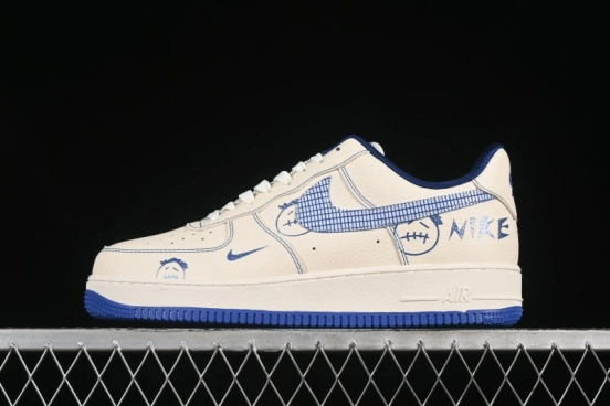 Nike Air Force 1'07 Low Casual Sneakers with Blue Line Ghost Face Design - DF0188-053