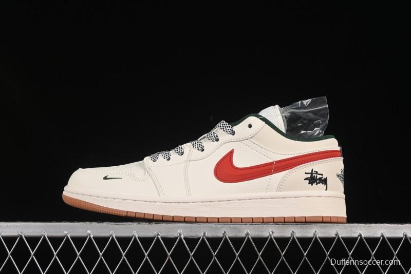 Nike Air Jordan 1 Low Stussy Collaboration Retro Basketball Shoes with 3D Swoosh - XS6086-560