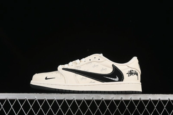 Nike Travis Scott x Fragment Design x Air Jordan 1 Low OG SP AJ1 Stussy Collaboration Black Beige Reverse Swoosh Low-top Casual Sneakers - XS2024-043