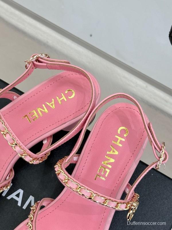 2025 Women Chanel Pink Leather Chain Strap Sandals