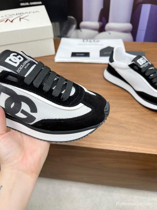 2025 Unisex Dolce & Gabbana Black White Mesh Suede Sneakers LY00300