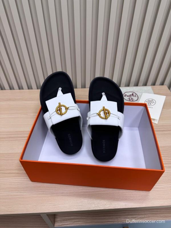 2025 Slippers Hermès White Black Leather Slippers