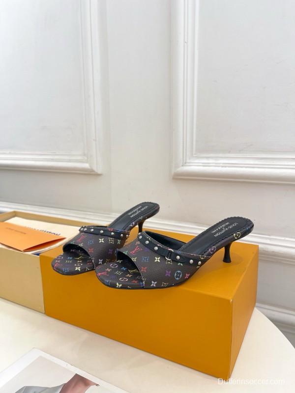 2025 Women Louis Vuitton Multicolor Leather Kitten Heel Studded MJ00290