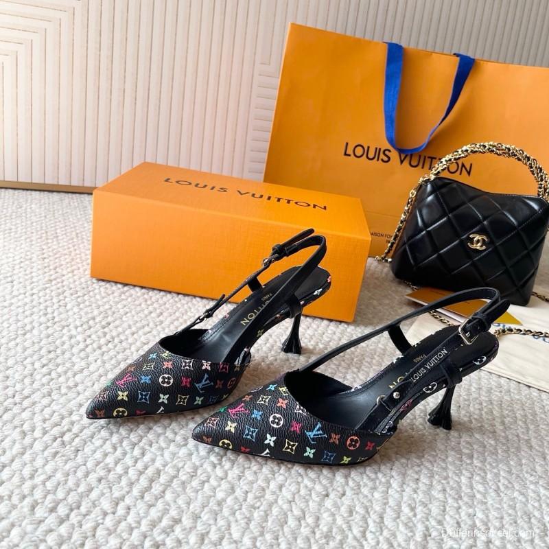 2025 Women Louis Vuitton Black Multicolor Canvas Leather Slingback Heels