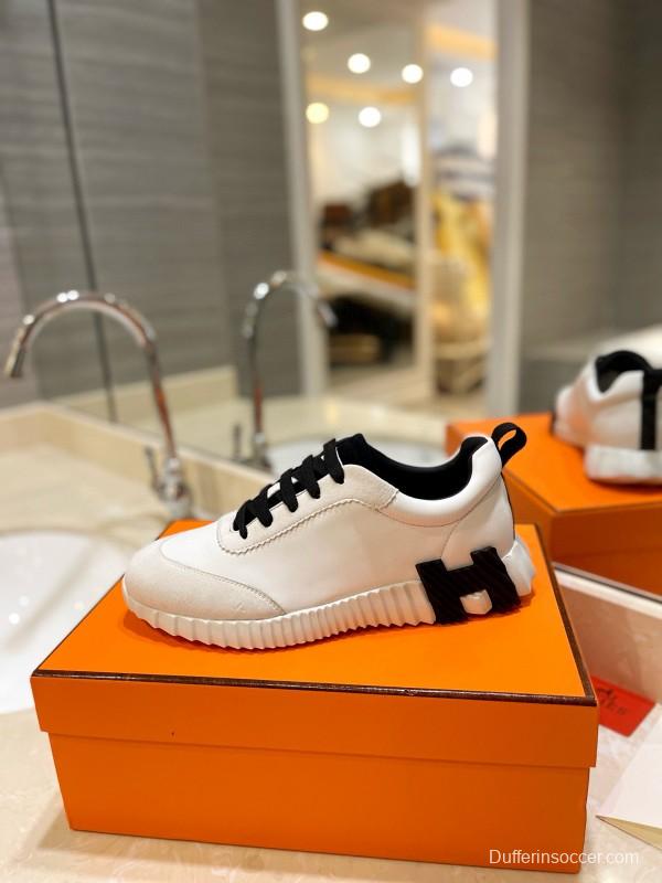 2024 Unisex Hermès White Black Imported Coxskin Rain Cloth Casual Sneakers MJ00320