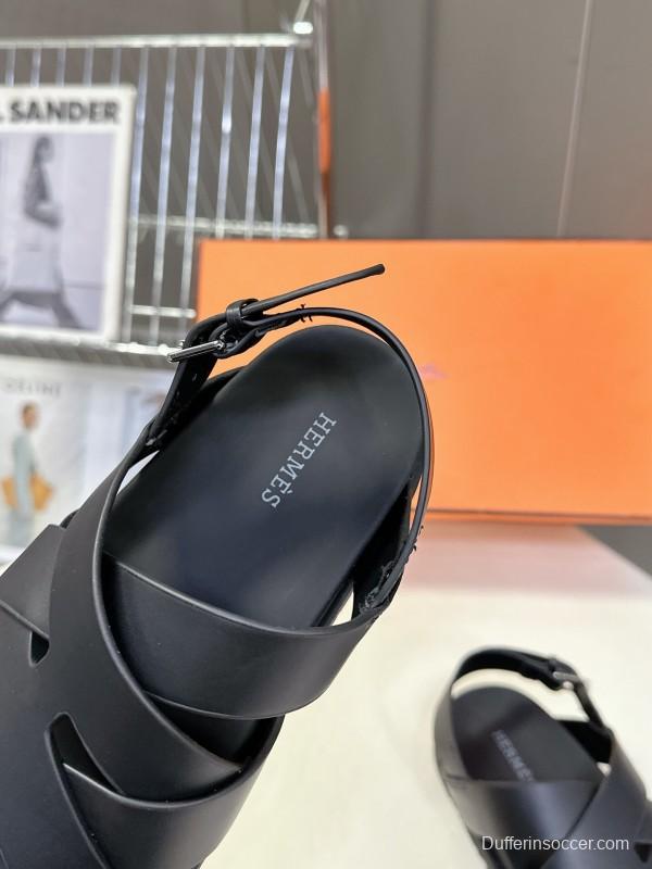 2025 Women Hermès Black Leather Sandals