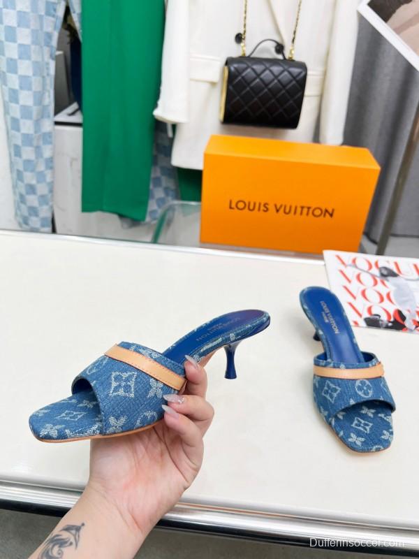 2025 Women Louis Vuitton Denim Blue Leather Heeled Sandals LY00260