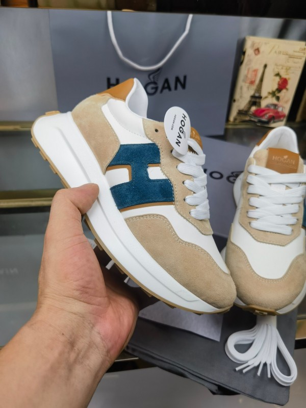2025 Unisex HOGAN White Beige Blue Leather Suede Platform Sneakers H-STRIPES LY00360(F)/LY00370(M)
