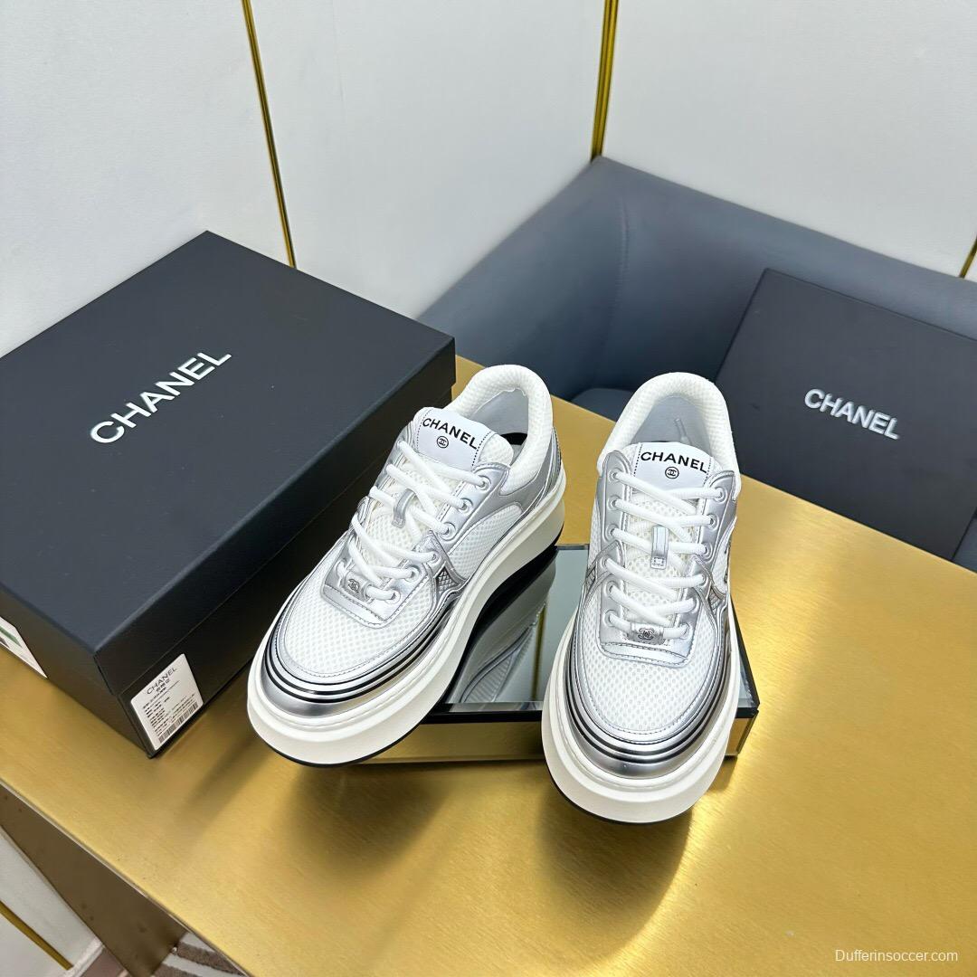 2025 Women Chanel White Silver Leather Mesh Sneakers